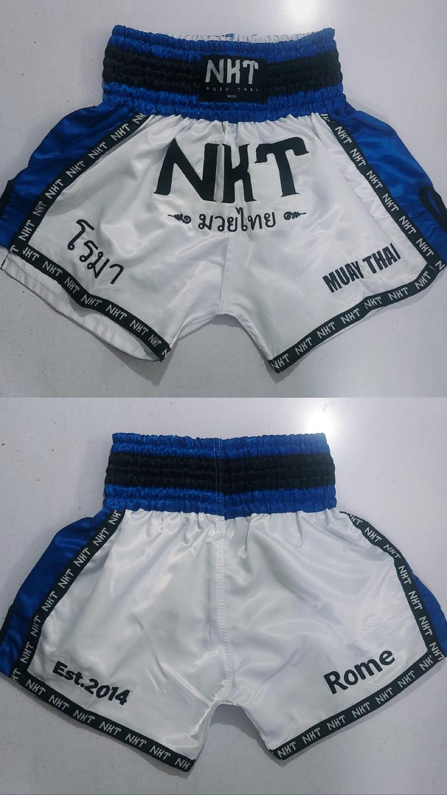 Thai Shorts — White / Blue — NKT Muay Thai official gear