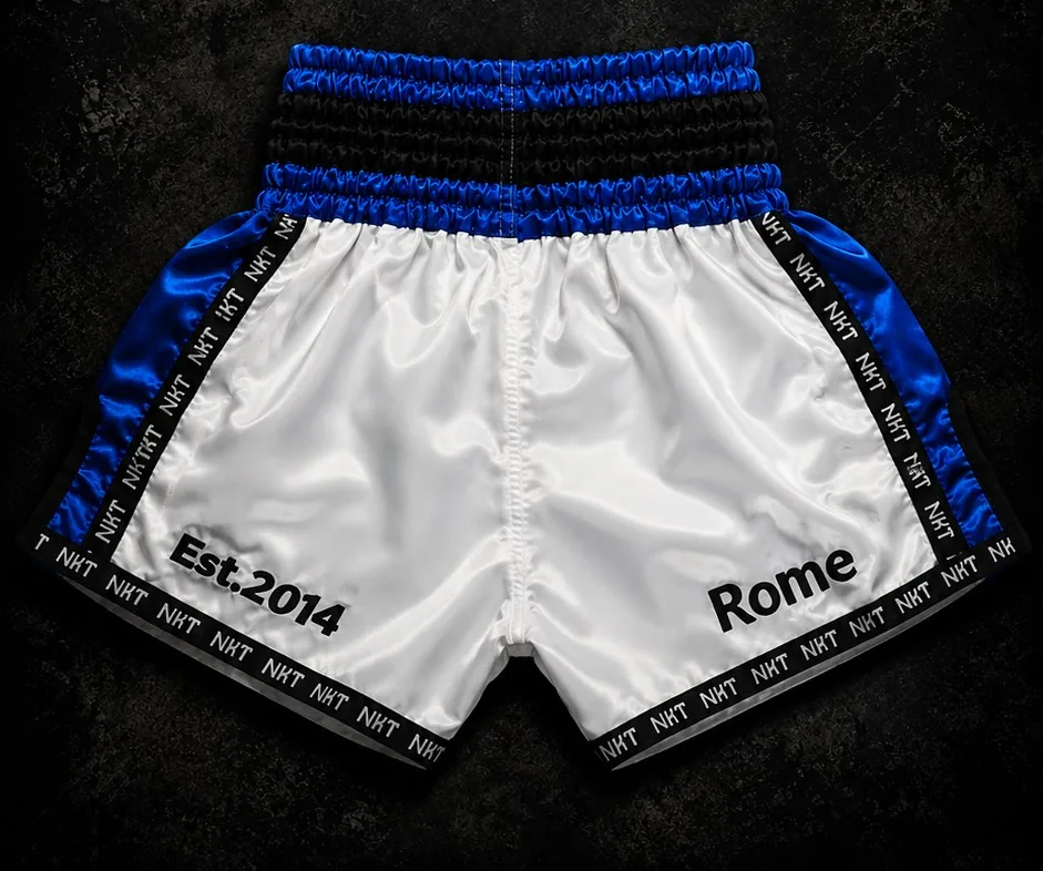 Thai Shorts — White / Blue — NKT Muay Thai official gear 2