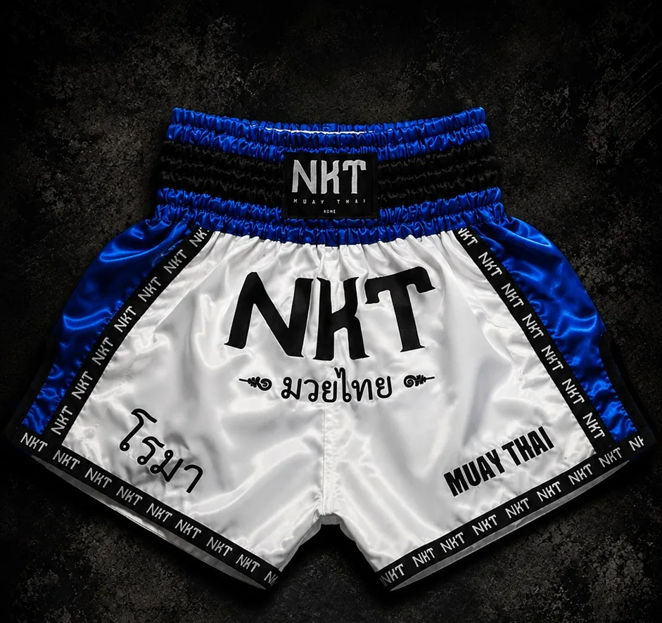 Thai Shorts — White / Blue — NKT Muay Thai official gear 1
